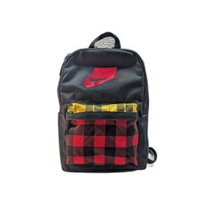 Nike Heritage Backpack Black Red Logo Plaid Front Pocket School Laptop Book Bag